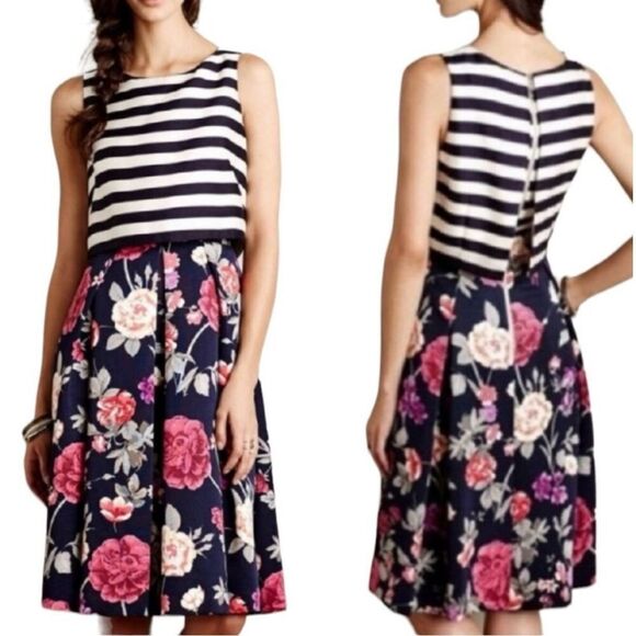 Moulinette Soeurs Anthropologie size 6 Dress Split Print Stripes Floral Cocktail - Picture 1 of 10